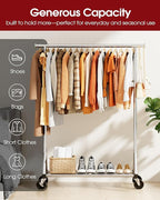 Heavy Duty Stainless Steel Rolling Clothes Rack with Mesh Shelf, Lockable Wheels & Anti-Slip Stoppers, Large Capacity Clothing Organizer for Bedroom, Laundry Room, 42.5" x 16.5" x 65.9", Silver