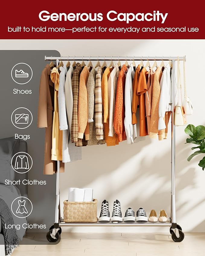 Heavy Duty Stainless Steel Rolling Clothes Rack with Mesh Shelf, Lockable Wheels & Anti-Slip Stoppers, Large Capacity Clothing Organizer for Bedroom, Laundry Room, 42.5" x 16.5" x 65.9", Silver
