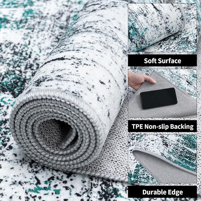 Ciicool Modern Abstract Area Rug 2x3 Washable Small Entryway Rugs, Non-Slip Low Pile Throw Rug, Foldable Kitchen Bathroom Rug, Teal Black Floor Carpet for Entrance Living Room Bedroom Indoor Door Mat