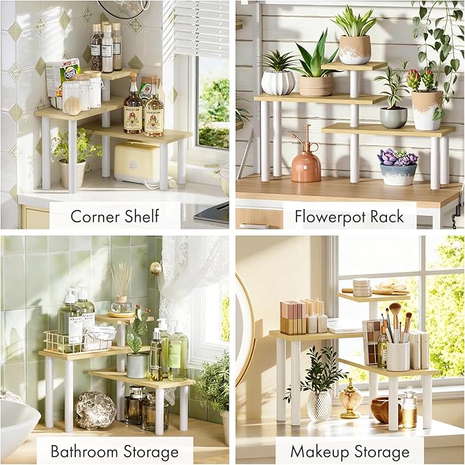 3-Tier Corner Countertop Organizer – Kitchen Counter & Bathroom Vanity Organizer, Coffee Bar Corner Shelf, Spice Rack Stand, L-Shaped Space-Saving Storage, Light, Wood