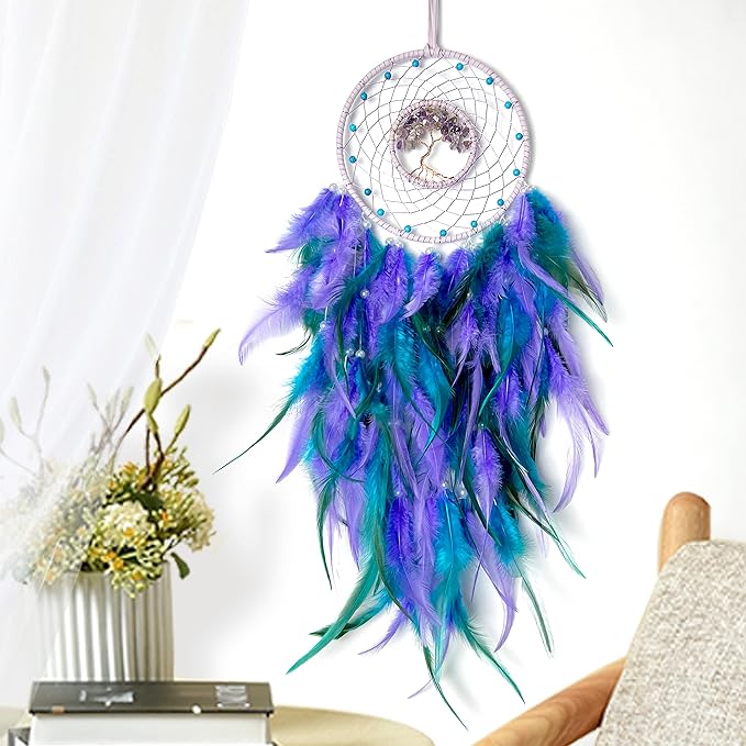 Dream Catchers, Purple Green Dream Catcher Tree of Life Wall Decor, with Natural Healing Crystal Stone, Perfect Handmade Dreamlike Crystal Dream Catcher for Bedroom Art Craft Gift