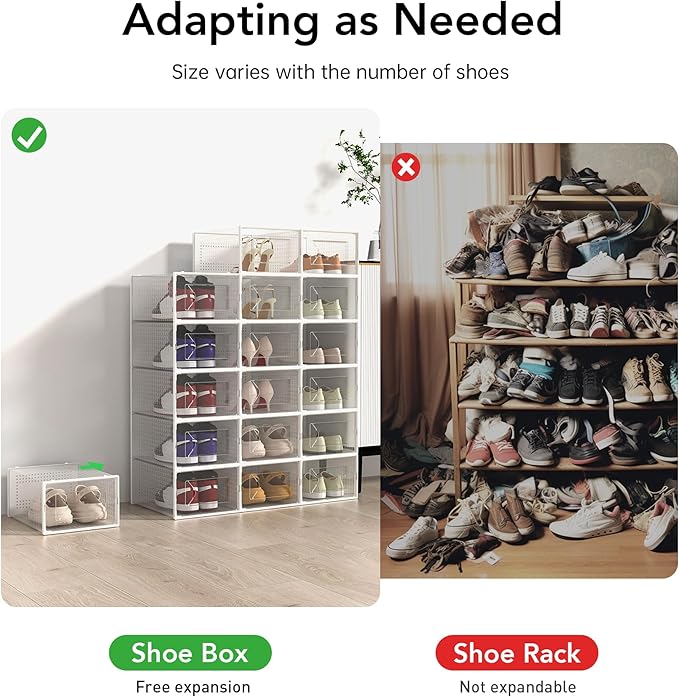 X-Large Shoe Storage Box, 15 Pack Clear Plastic Stackable Shoe Organizer for Closet, Interlocking Design Shoe Container Bins for Sneakers, Foldable Shoe Rack with Lids, White