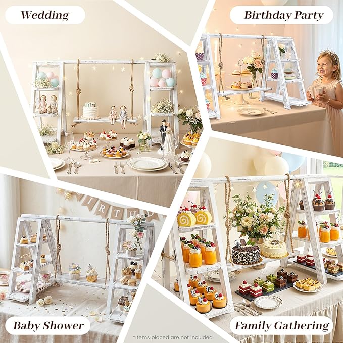 Wooden 3 Tiered Dessert Tray Stand Tool Free, Cupcake Serving Ladder Display Stand with Swing, Removable Trays and Foldable Stand for Cake Snack Fruit at Weddings, Anniversaries, Parties, Celebrations (White)