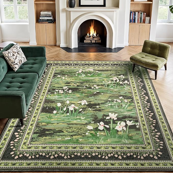 Lessymo Dark Green Floral Rug 8x10 for Living Room, Large Washable Soft Non-Slip Area Rugs, Boho Farmhouse Moody Aesthetic Carpet, Bedroom Dining Nursery Home Office Decor