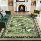 Lessymo Dark Green Floral Rug 8x10 for Living Room, Large Washable Soft Non-Slip Area Rugs, Boho Farmhouse Moody Aesthetic Carpet, Bedroom Dining Nursery Home Office Decor