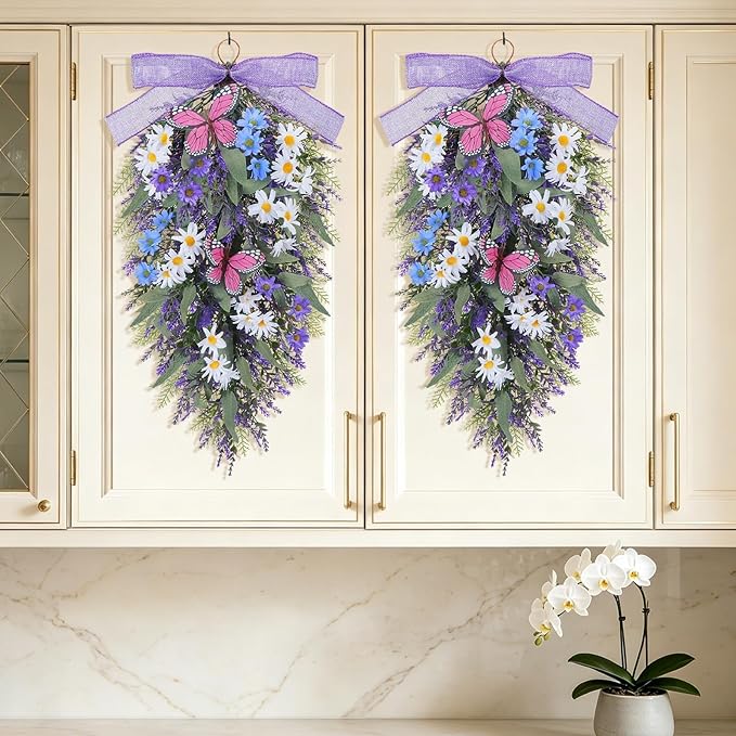 23" Lavender Teardrop Swag Wreath 2Pcs Spring Summer Swags for Front Door Faux Lavender Teardrop Swag with Butterfly Purple Wreath for Porch Wall Window Farmhouse Wedding Home Decor