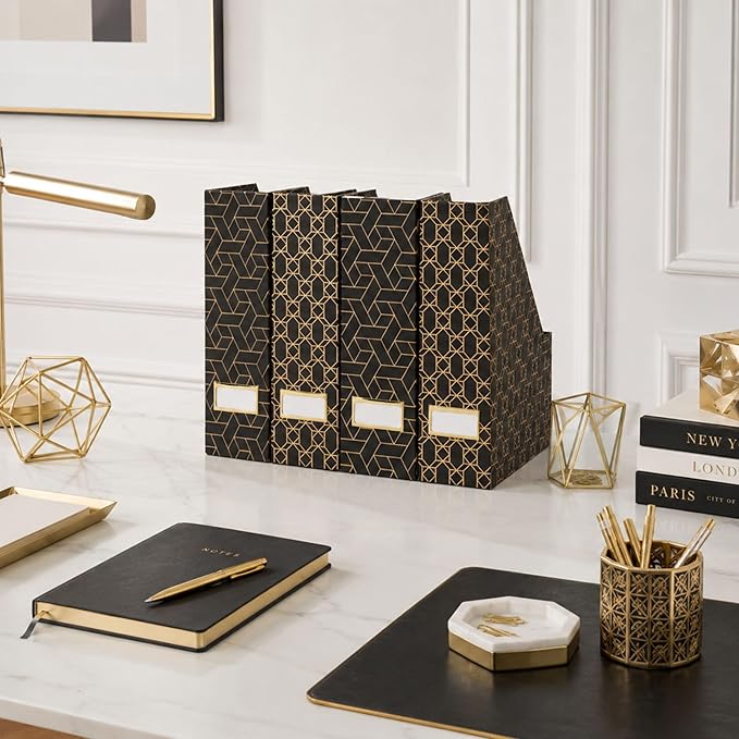 BLU MONACO | Set of 4 Black & Gold Geometric Magazine File Holders with Gold Label Holders | Stylish Vertical File Organizer Boxes for Desk, Bookshelf & Office Storage