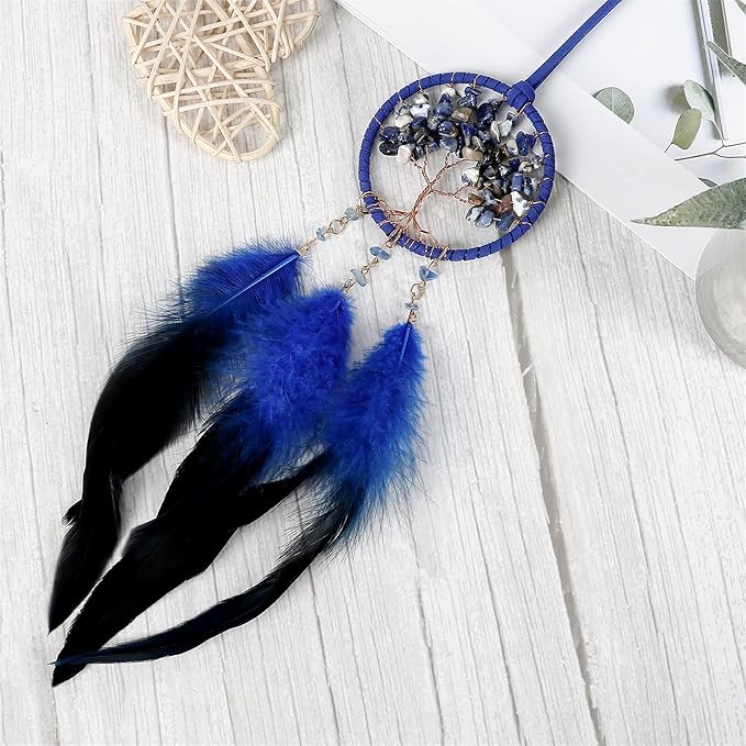 LOMOHOO Dream Catcher Car Rear View Mirror Pendant Car Charm with Crystal Beads Tree of Life Small Dream Catchers for Rearview Mirror Hanging Kids Bedroom Decor 3”Diameter (Blue)