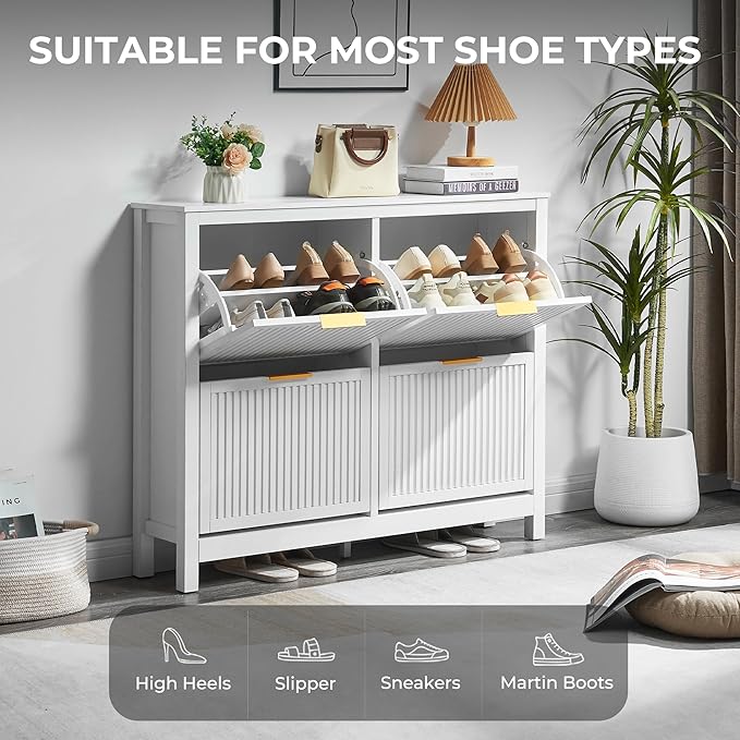4 Flip Drawers Shoe Cabinet Storage for Entryway, Narrow Hidden Wood Shoes Organizer Cabinet Front Door Entrance Thin Free Standing Front Door Shoe Rack Storage for Entryway(White)