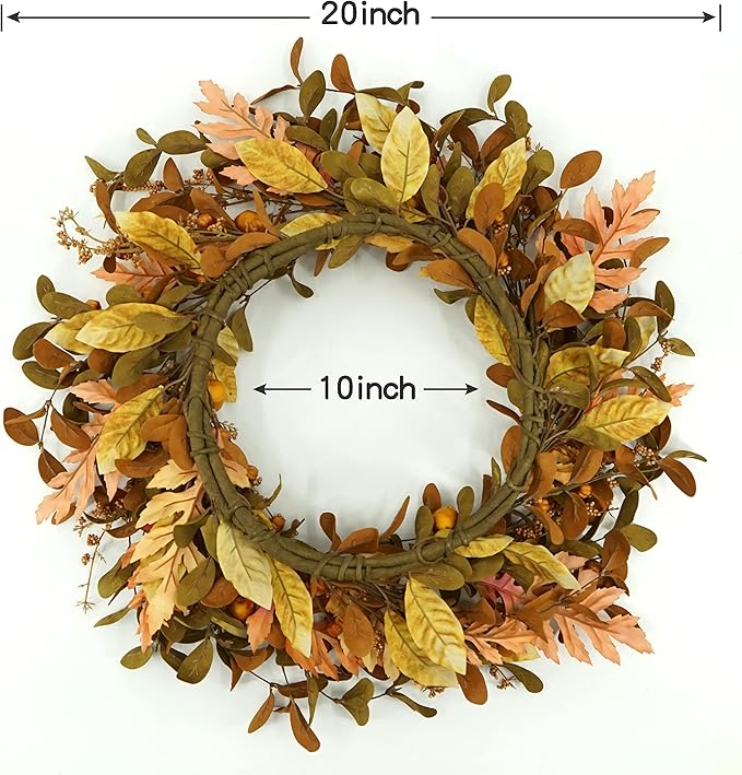 WreathDream 20'' Fall Wreath Autumn Wreath for Front Door with Small Pumpkins and Oak Leaves for Thanksgiving Halloween Home Outdoor Farmhouse Porch Wall Window Decoration,Brown Gift Box Included