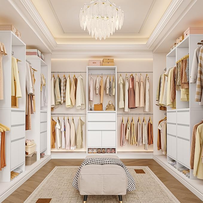 Closet System, Closet Organizer System with 4 Hang Rods, Walk-in Wooden Storage Systems with 2 Drawers & Shoe Cabinet, Fits Spaces 4-9.8FT, Wardrobe Clothes Rack Garment Rack, White MC00103E