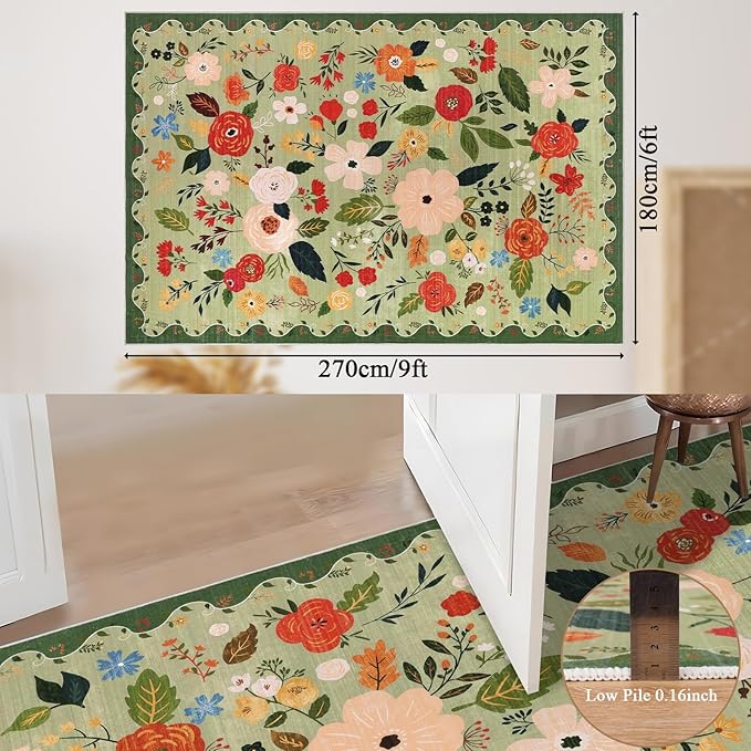 U'Artlines 6x9ft Vintage Floral Area Rug Machine Washable Ultra Soft Low Pile Non Slip Non Shedding Accent Floor Carpet for Living Room, Bedroom, Dining Room, Office (Green)