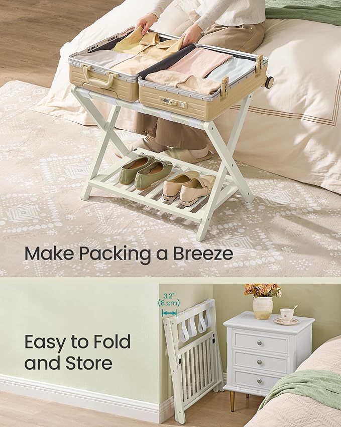 SONGMICS Solid Wood Luggage Rack, No Assembly Required, Foldable Suitcase Stand, Luggage Holder, with Storage Shelf, for Guest Room, Hotel, Bedroom, Cream White URLR020WZ02S