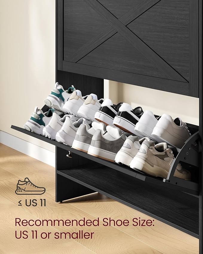 VASAGLE Shoe Storage Cabinet Organizer with 2 Flip Drawers, Freestanding Narrow Shoe Rack Cabinet for Entryway, Farmhouse Style, Fits 14 to 16 Pairs, Smoky Black UHSC203BJ01S