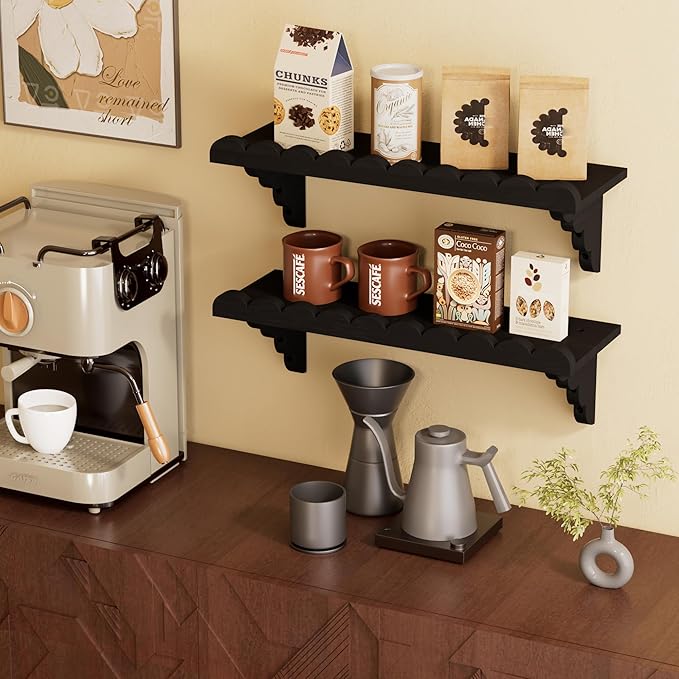 QsQueen Scalloped Wood Wall Shelf – 17 Inch Floating Shelf with Wood Brackets, Easy to Install Rustic Wall Shelf for Living Room, Bedroom, Bathroom, or Any Space, Black Shelves