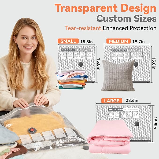 Vacuum Bags for Travel with USB and TYPE C Pump,vacuum seal travel bags,15 Pack Carry-on Size Compression Packing Bags for Luggage,Space Saver for Clothes and Clothing Travel(Grey)