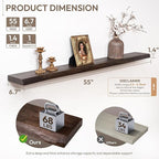 Marsmiles 55 inch Floating Shelves for Wall Elm Wood Live Edge Shelves Wall Mounted|Rustic Long Floating Shelves with Invisible Bracket for Bathroom Living Room Kitchen|Walnut, 1 Pack
