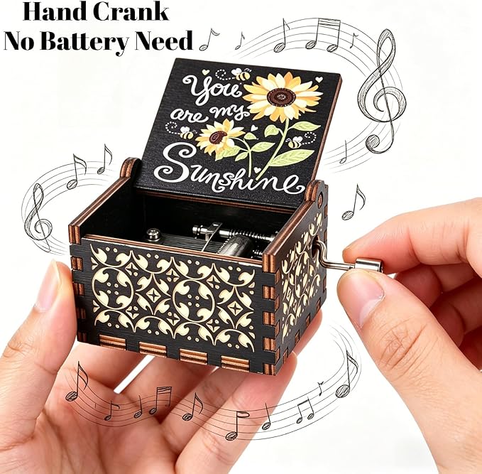 Dream Loom Wooden Music Box, You are My Sunshine Hand Crank Engraved Wooden Musical Boxes Sunflower Gift for Mother/Grandma/Wife/Girlfriend/Women