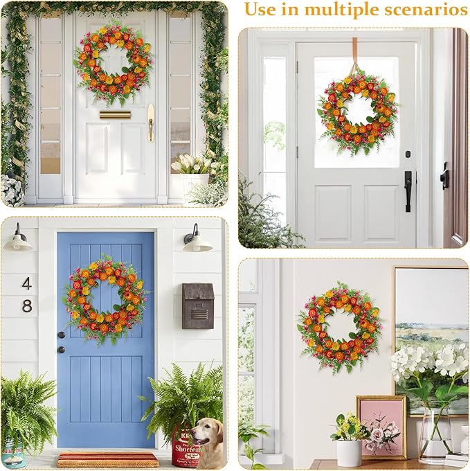 Spring Summer Wreaths for Front Door,22 Inch Artificial Spring Summer Poppy Flower Wreath with Wildflowers,Eucalyptus Leaves for Indoor Outdoor Wall Porch Festival Farmhouse Home Holiday Decor.