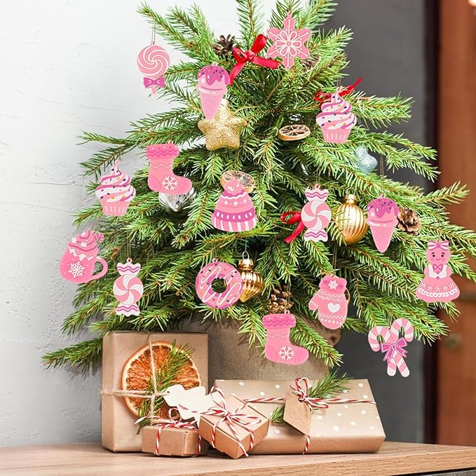 Pink Candy Ornaments for Christmas Tree Decorations, 12 PCS Soft PVC Candy Sweet Christmas Ornaments for Xmas Tree Party, Home, Office Decor