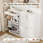 Shoe Cabinet with 2 Flip Drawers Set of 2, Small Wood Modern Shoe Organizer with Adjustable Shelf, Narrow Freestanding Hidden Shoe Cabinet Storage for Entryway, Hallway, Living Room, White