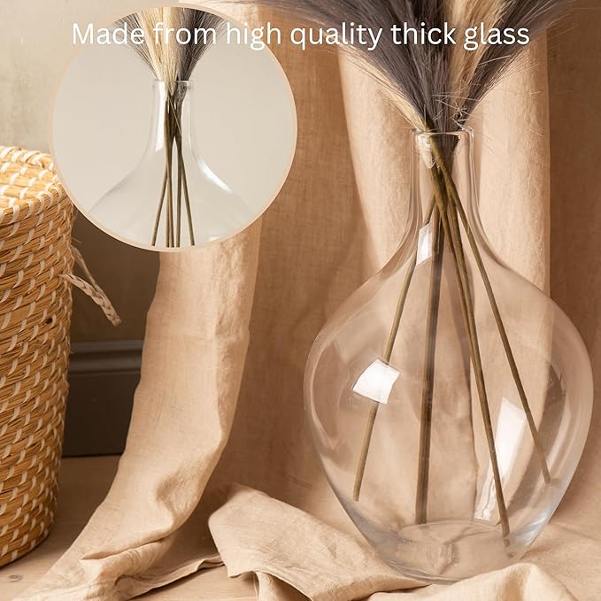 Large Glass Vase for Floor, 15" Tall Clear Glass Floor Vase for Pampas Grass and Long Stem Flowers, Big Glass Vase Decor for Living Room Bedroom, Clear Vase