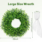 28'' Large Boxwood Wreaths Front Door Artificial Green Spring Wreath with Sash Wreaths for Front Door Farmhouse Greenery Year Round Outdoor Indoor for Summer Wreath St Patricks Day Decoration