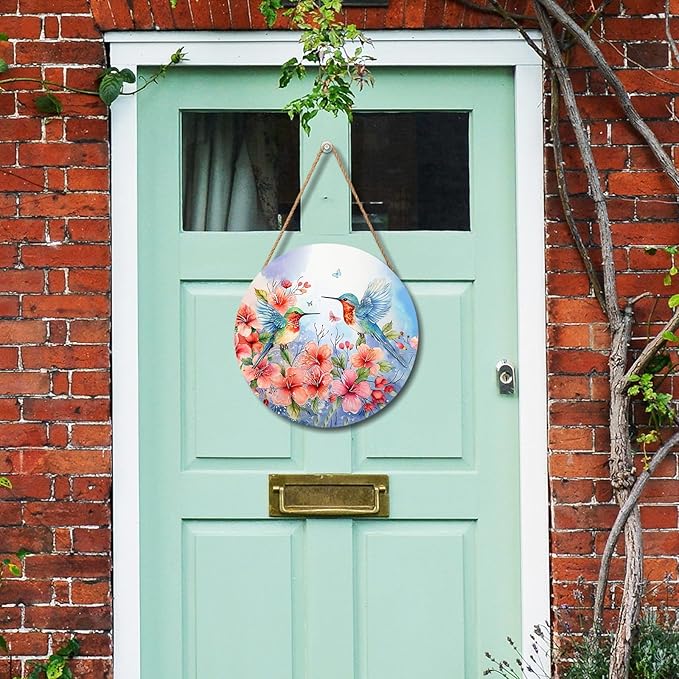Spring Summer Hummingbird Birds Front Door Sign Farmhouse Spring Flowers Door Hanger 12"x12" Seasonal Summer Wooden Wreath for Outdoor Outside Porch Welcome Wall Hanging Decoration for Home