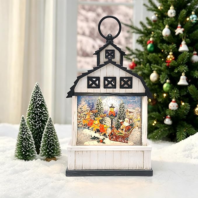 11-Inch Lighted Barn Lantern Swirling Water Glitter Globe with Santa Sleigh Scene, Battery Operated, 8H Timer, Holiday Sparkling Gift and Indoor Christmas Home Décor (Barn)