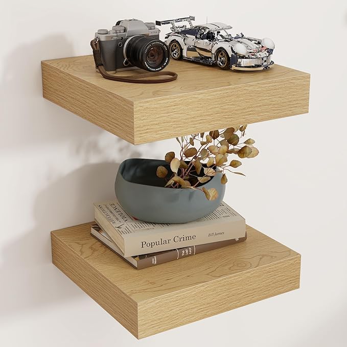 Venusmiles Square Floating Shelves for Wall, 12" W x 12" D x 2" H, 2 Pack of Small Wall Mounted Engineered Wood Shelves with Invisible Brackets for Living Room, Bedroom, Bathroom, Kitchen Decor, Oak