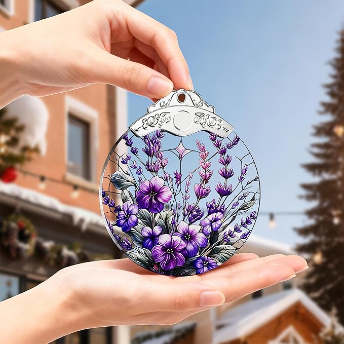 Stained Glass Ornament, Purple Bauhinia and Violets Ornaments, Unique Crystal Ornaments, Hanging Holiday Presents Idea, Car Hanging Ornaments, Car Charm, Mirror Accessories