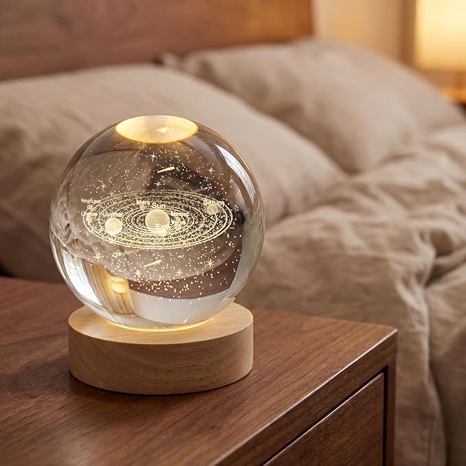 3.15" (80mm) Solar System Crystal Ball 3D Sun System Planets Model Globe with Wooden Base Home Decorative Ornament Astronomy Gifts for Lover Girlfriend