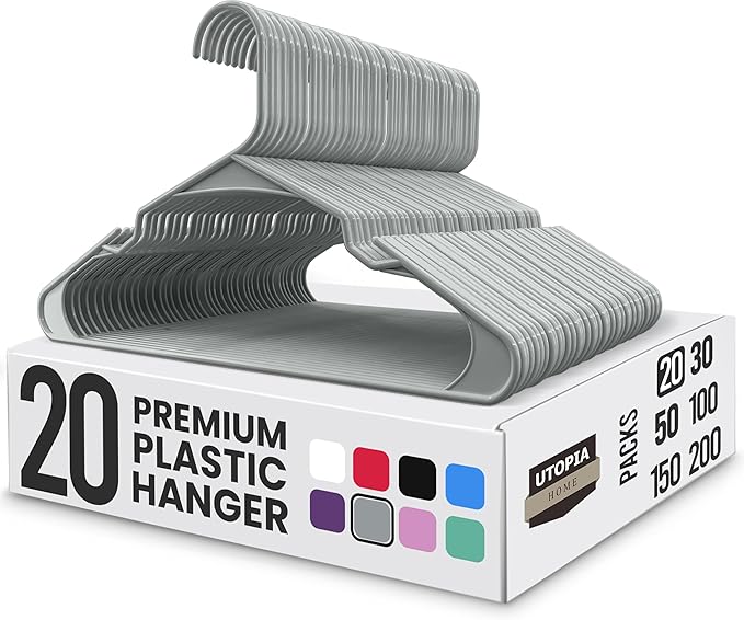 Utopia Home Plastic Hangers 20 Pack - Perfect Space Saving Clothes Hanger - Durable and Strong - Perfect Closet Organizers with Shoulder Grooves (Grey)