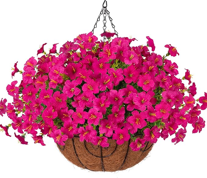 INSPRING Artificial Fake Hanging Flowers Baskets for Outdoors Spring Plants, UV Resistant Outdoor Faux Silk Petunias in Planter Look Real Morning Glory for Outside Patio Porch Balcony Garden, Fuchsia