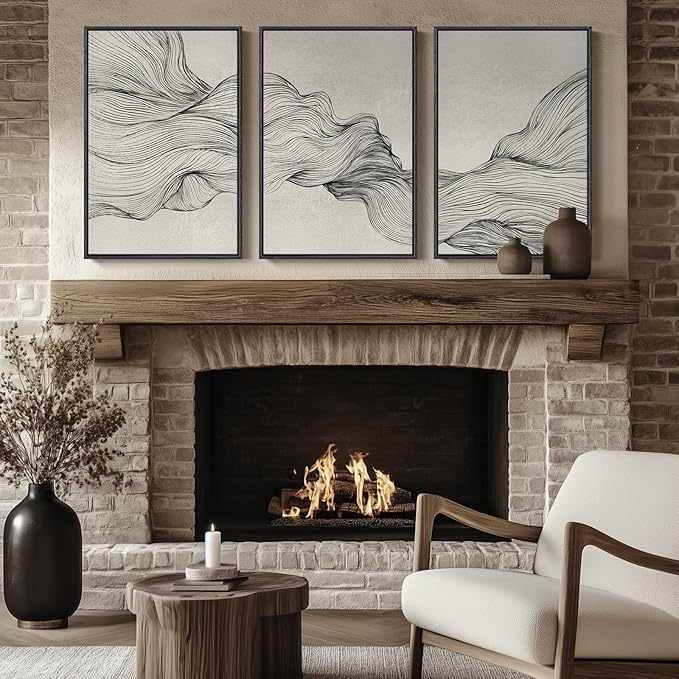 Large Framed Neutral Modern Abstract Wall Art, 3 Piece Black and Beige Canvas Prints Paintings Artwork for Walls, Minimalist Line Pictures for Living Room Hallway Office Wall Decor -Total 30x60 Inch