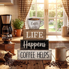 Moucuny 4 Pcs Farmhouse Coffee Bar Table Decor Vintage Wooden Stacked Block Sign - 'life Happens Coffee Helps' Table Centerpiece Rustic Wood Bar Sign Gift for Home Kitchen Shelf Tiered Tray Decor