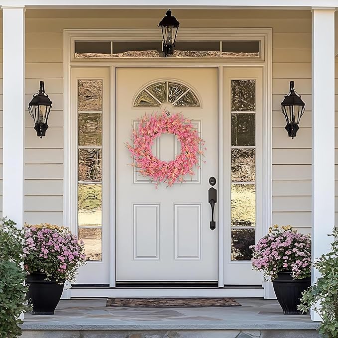 24 Inch Artificial Pink Forsythia Flower Wreath, Silk & Paper Floral Wreaths for Front Door, Romantic Valentine's Day & Spring Summer Decor, All Season Farmhouse Wedding Indoor Outdoor Decor