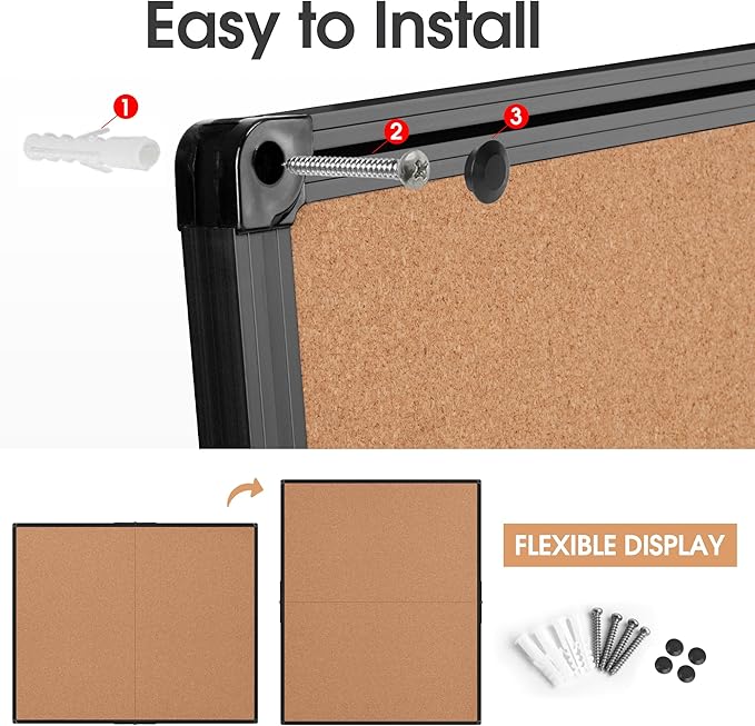 Extra Large Cork Bulletin Board 48" X 48", Foldable Notice Pin Board for Wall, Black Aluminum Framed 4'x4' Corkboard, Wall Mounted Noticeboard with 36 Push Pins for School, Home & Office