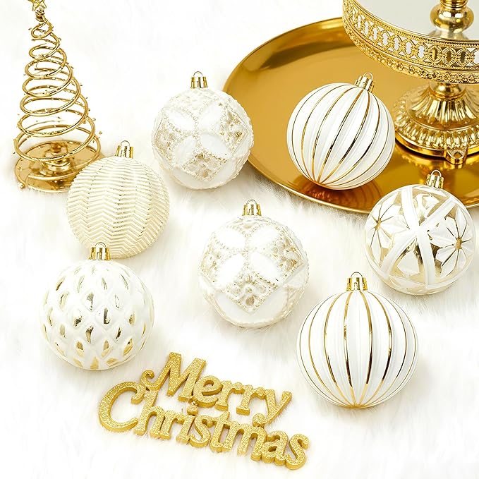 XmasExp Vintage Rustic Christmas Ball Ornaments Sets, Neutral Shatterproof Christmas Ornaments Farmhouse Christmas Tree Decorations Large Hanging Ball for Xmas Home Party （White Gold, 6Pcs