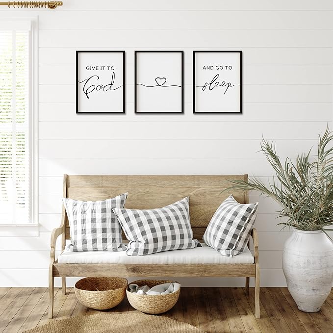 Set of 3 Framed Farmhouse Give it to God and Go to Sleep Signs Above Bed Wall Decors for Bedroom Wood Signs (Black, 16x24 inches)