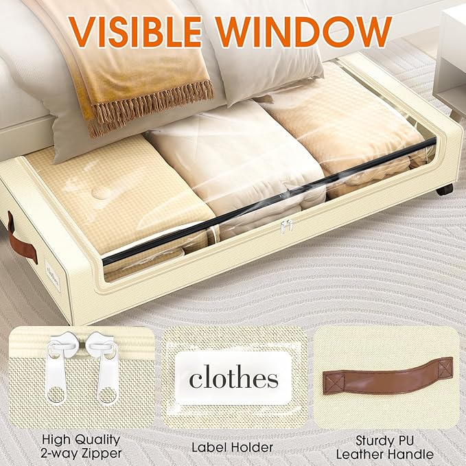 Under Bed Storage with Wheels 1Pack Underbed Storage with Clear Window&Label Under Bed Drawers Large Capacity Rolling Under Bed Storage for Clothes,Shoes, Blankets (Beige)