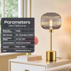 QiMH Glass Table Lamp for Living Room, Modern Bedside Lamp with Grey Ribbed Glass Shade, 3-Way Dimmable Touch Control Nightstand Lamp for Bedroom, Brushed Gold (2700K LED Bulb Included)