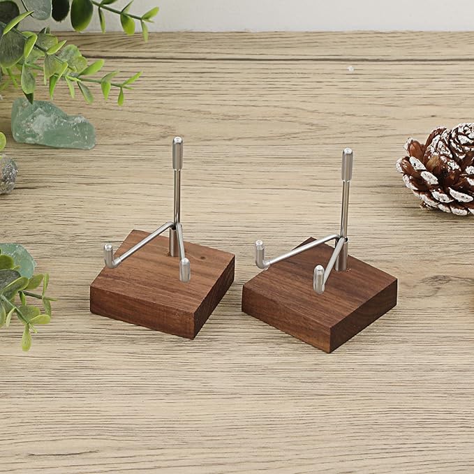 Hipiwe 2 Pack Crystal Display Stand with Wood Base, Adjustable Metal Arms Display Stand Easel for Displaying Geodes Rock Mineral Agate Coral Seashell,Small,2 x 2 x 2.9 Inches