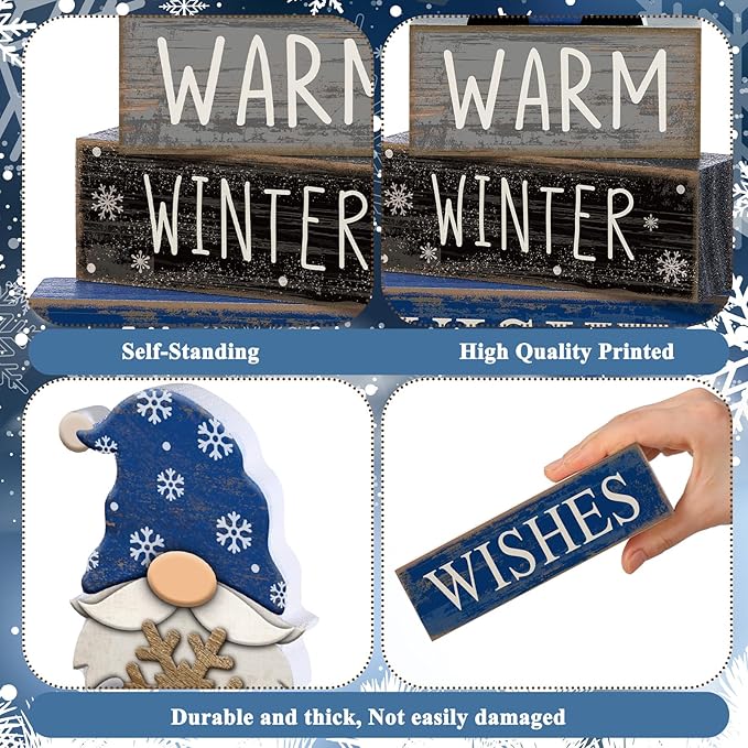 Lineshading 4 Pcs Winter Table Decorations Wooden Gnome Decor Winter Tiered Tray Decor Christmas Centerpiece Rustic Decorative Gnome Snowflake Block Sign Gift Farmhouse Xmas Signs for Home Kitchen
