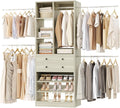 Closet System, 4.2–8.8 FT Closet Organizer with 2 Wooden Drawers and Shelves, Walk-in Closet System with 5 Hang Rods, Built-in Closet Tower, Can Fit 60 to 96 inch, Greige Oak