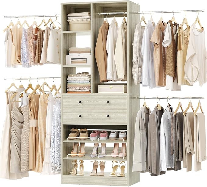 Closet System, 4.2–8.8 FT Closet Organizer with 2 Wooden Drawers and Shelves, Walk-in Closet System with 5 Hang Rods, Built-in Closet Tower, Can Fit 60 to 96 inch, Greige Oak