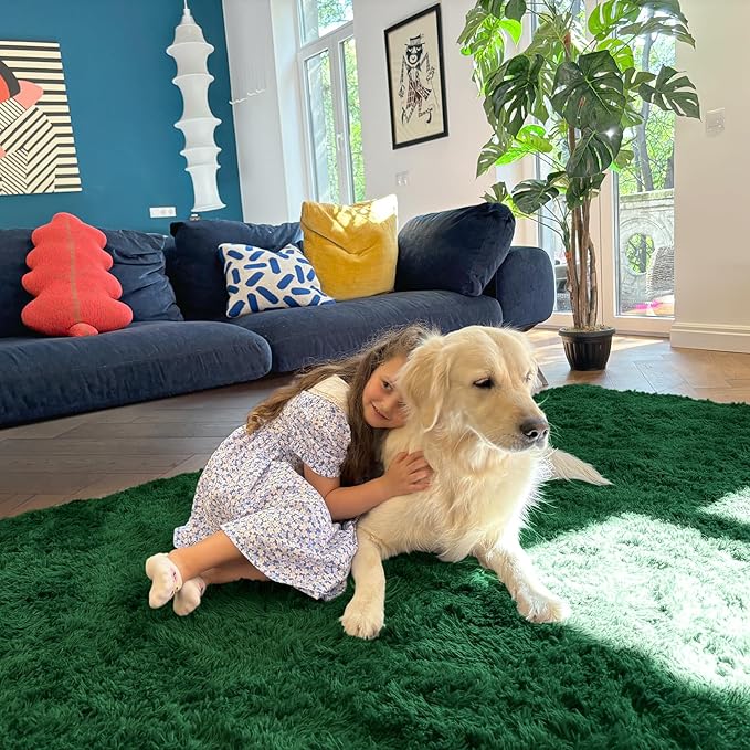 OLANLY 8x10 Machine Washable Large Area Rugs for Living Room, Bedroom, Soft Fluffy Shaggy Bedside Rug, Indoor Floor Carpet for Kids Girls and Boys, Dorms, Nursery, Home Decor Aesthetic, Dark Green