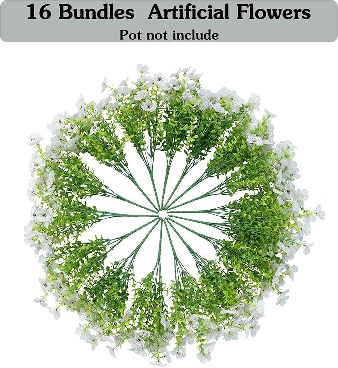 Artificial Fake Flowers Plants for Outdoors Spring Summer Decoration,Faux Flowers Silk Daisy Plants Greenery Realistic UV Resistant for Outside Planters Front Porch Patio Boxwood 16 Bundles Home White