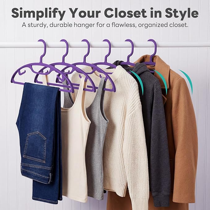 HOUSE DAY Plastic Clothes Hangers 24 Pack, Sweater Hangers No Shoulder Bump, Thick Heavy Duty Coat Hanger for Closet, Purple Wide Hanger with Non-Slip Hook for Sweaters, Suits, Dresses, Jackets, Pants