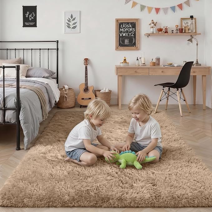6x9 Area Rugs for Living Room Bedroom: Ultra Soft Fluffy Shag Rug Upgrade Non-Slip Non-Shedding Large Fuzzy Plush Carpet Indoor Floor Carpets for Kids Room Playroom Nursery Dorms Home Decor Beige